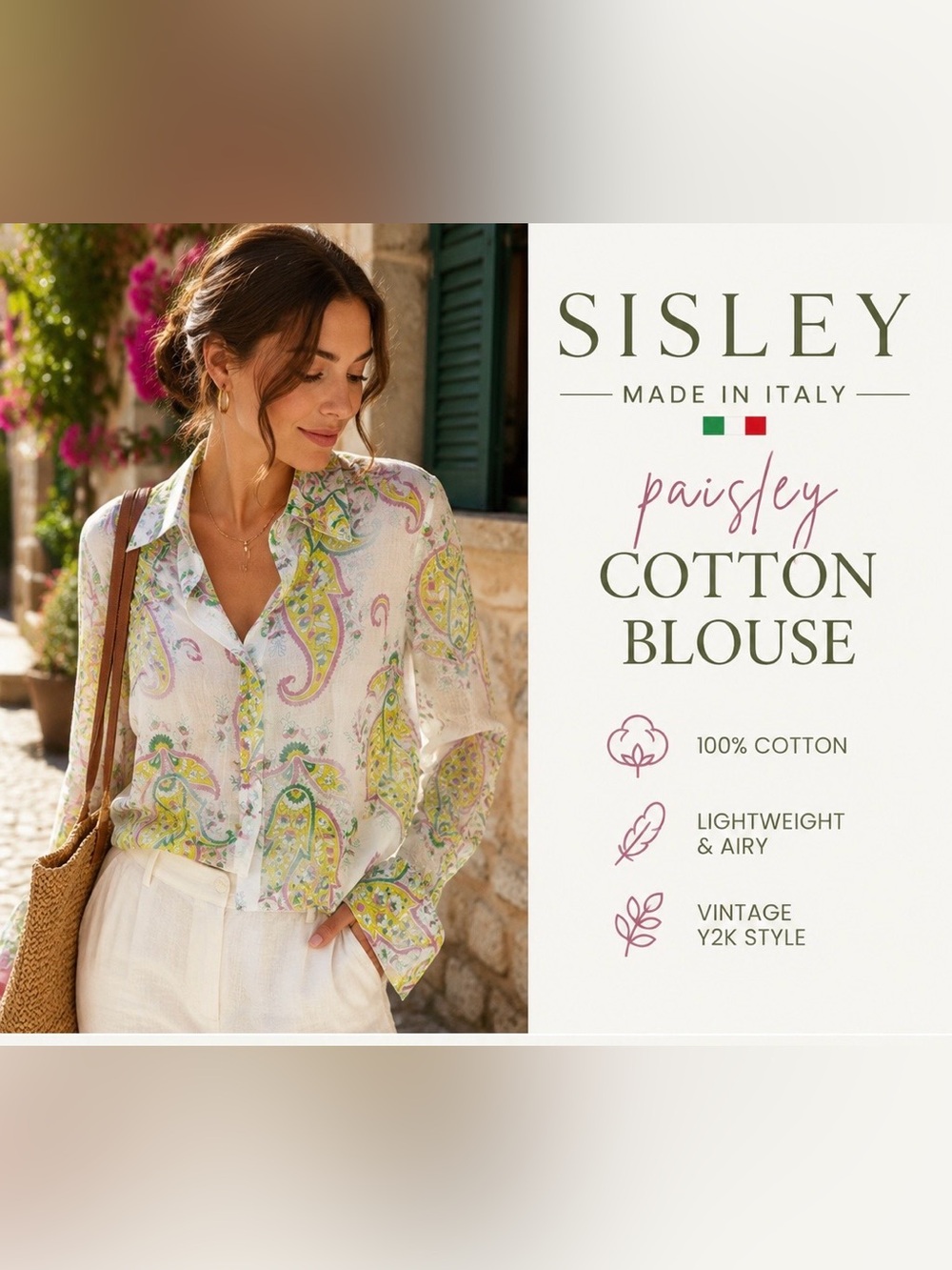 Sisley Made in Italy Cotton Paisley Button Front Blouse Vintage Y2K Floral S/M